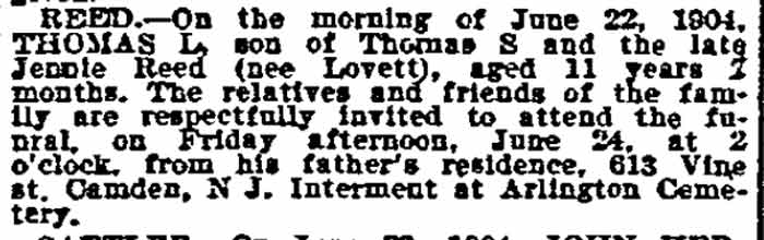 Death notice for Thomas L. Reed, son of Thomas S. Reed