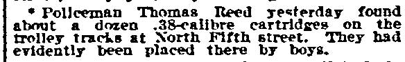 Philadelphia Inquirer, November 27, 1910 — Policeman Thomas Reed finds cartridges on trolley tracks