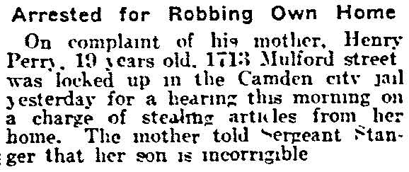 Philadelphia Inquirer, August 14, 1916 — Arrested for Robbing Own Home