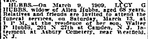 Philadelphia Inquirer, March 12, 1909 — Lucy G. Hubbs obituary