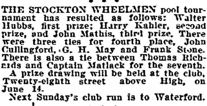Philadelphia Inquirer, May 5, 1899 — Stockton Wheelmen pool tournament results