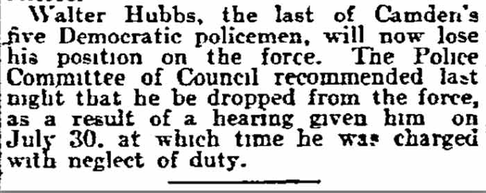 Philadelphia Inquirer, September 1, 1905 — Walter Hubbs loses position on police force