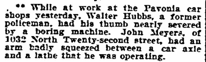 Philadelphia Inquirer clipping about injuries at the Pavonia car shops involving Walter Hubbs and John Meyers of 1032 North 22nd Street, October 1906