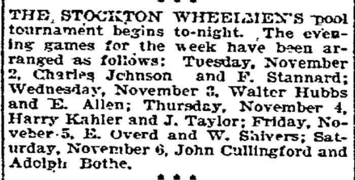 Philadelphia Inquirer, November 12, 1897 — Stockton Wheelmen pool tournament