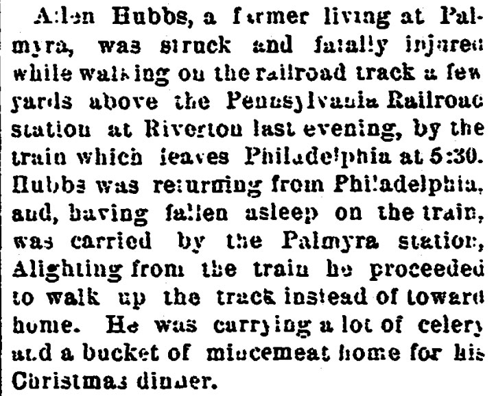 Trenton Evening Times, December 24, 1896 — Allen Hubbs struck by train