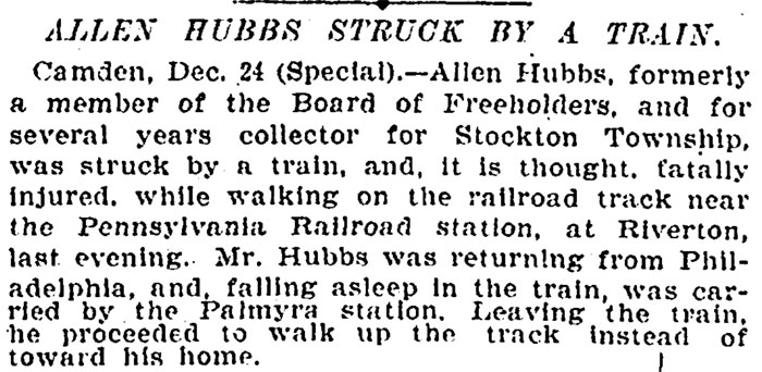 New York Herald Tribune, December 25, 1896 — Allen Hubbs struck by a train