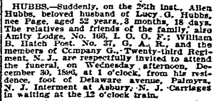 Philadelphia Inquirer, December 27–29, 1896 — Allen Hubbs death notice