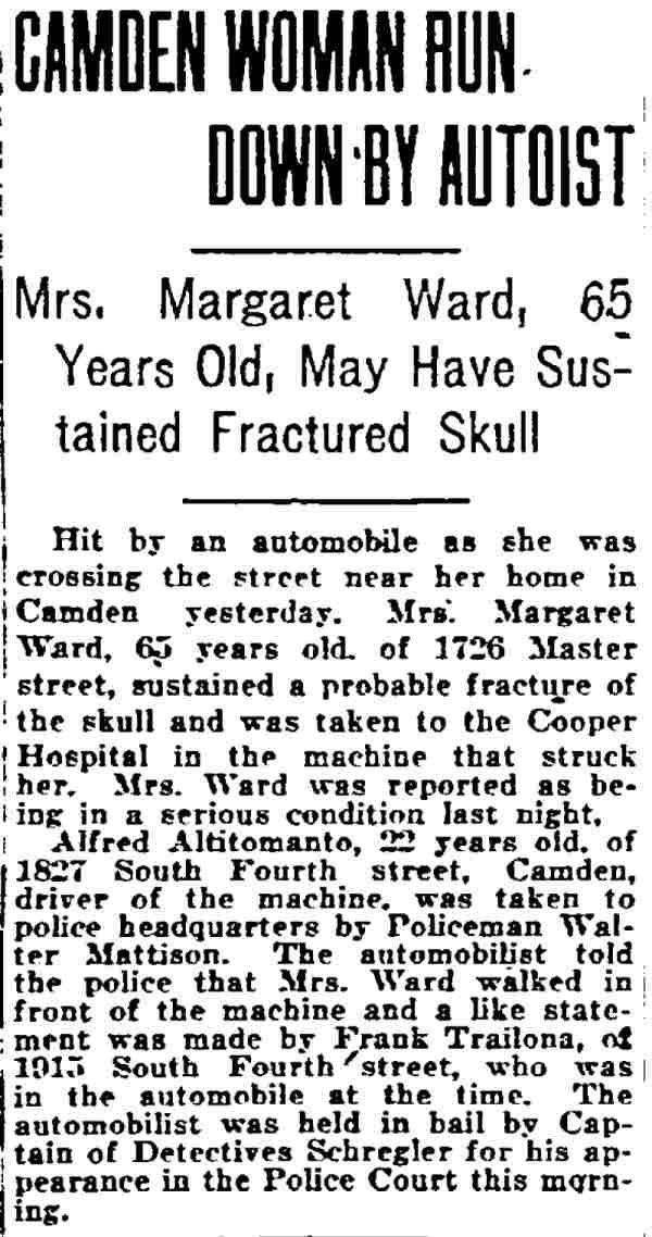 Philadelphia Inquirer, June 19, 1919 — Margaret Ward, Walter Mattison, Alfred Altitomanto, Frank Trailona, Master Street, South 4th Street, William Schregler