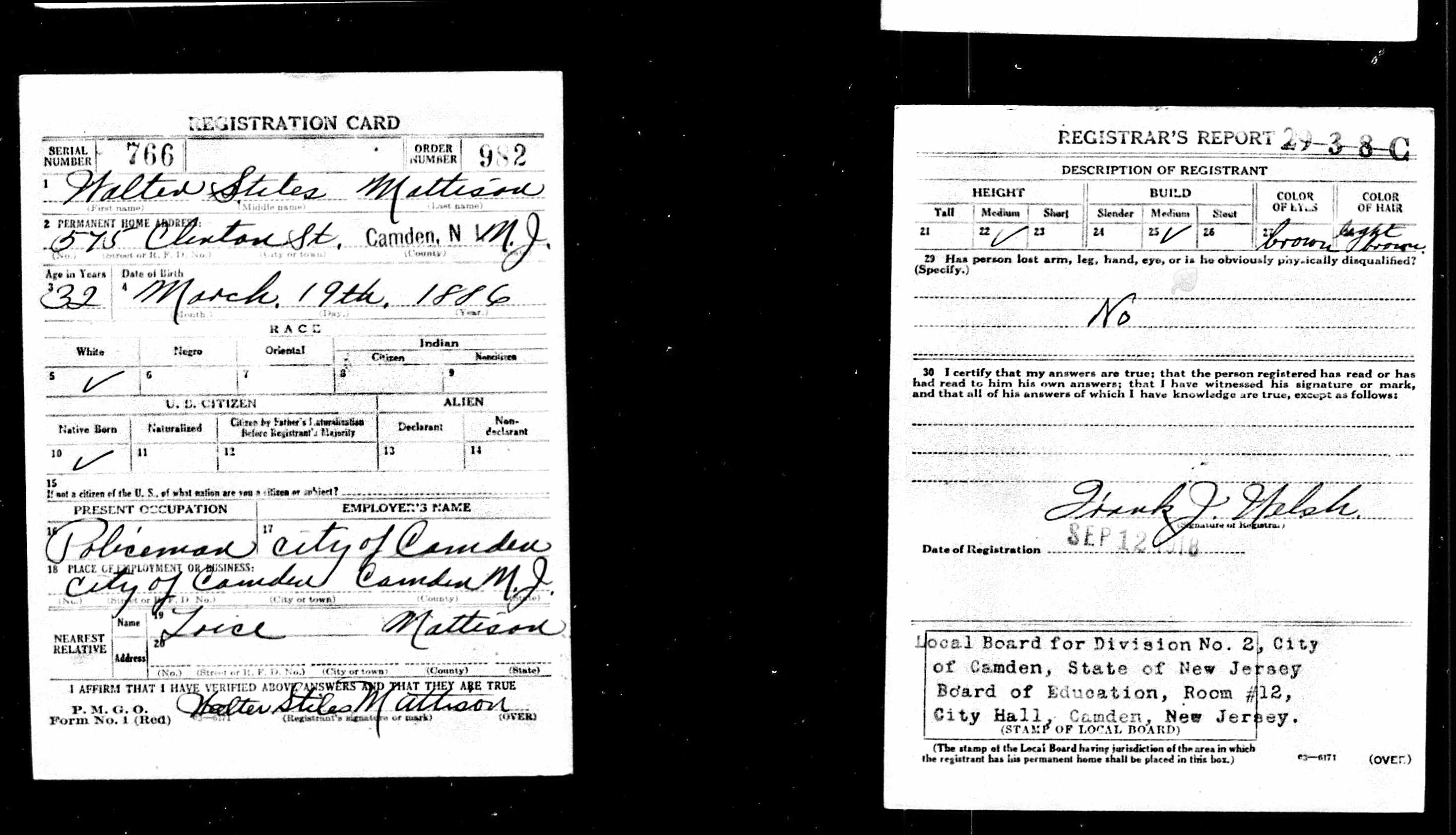 Walter S. Mattison World War I draft registration card, front