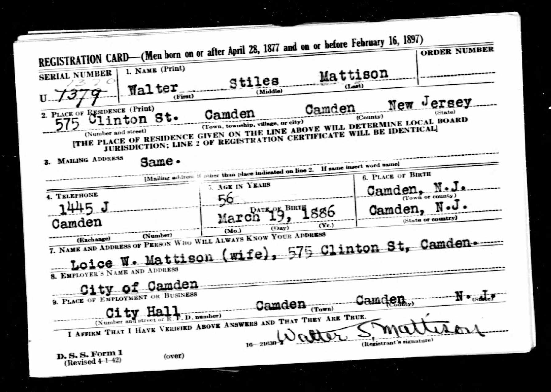 Walter S. Mattison World War II draft registration card