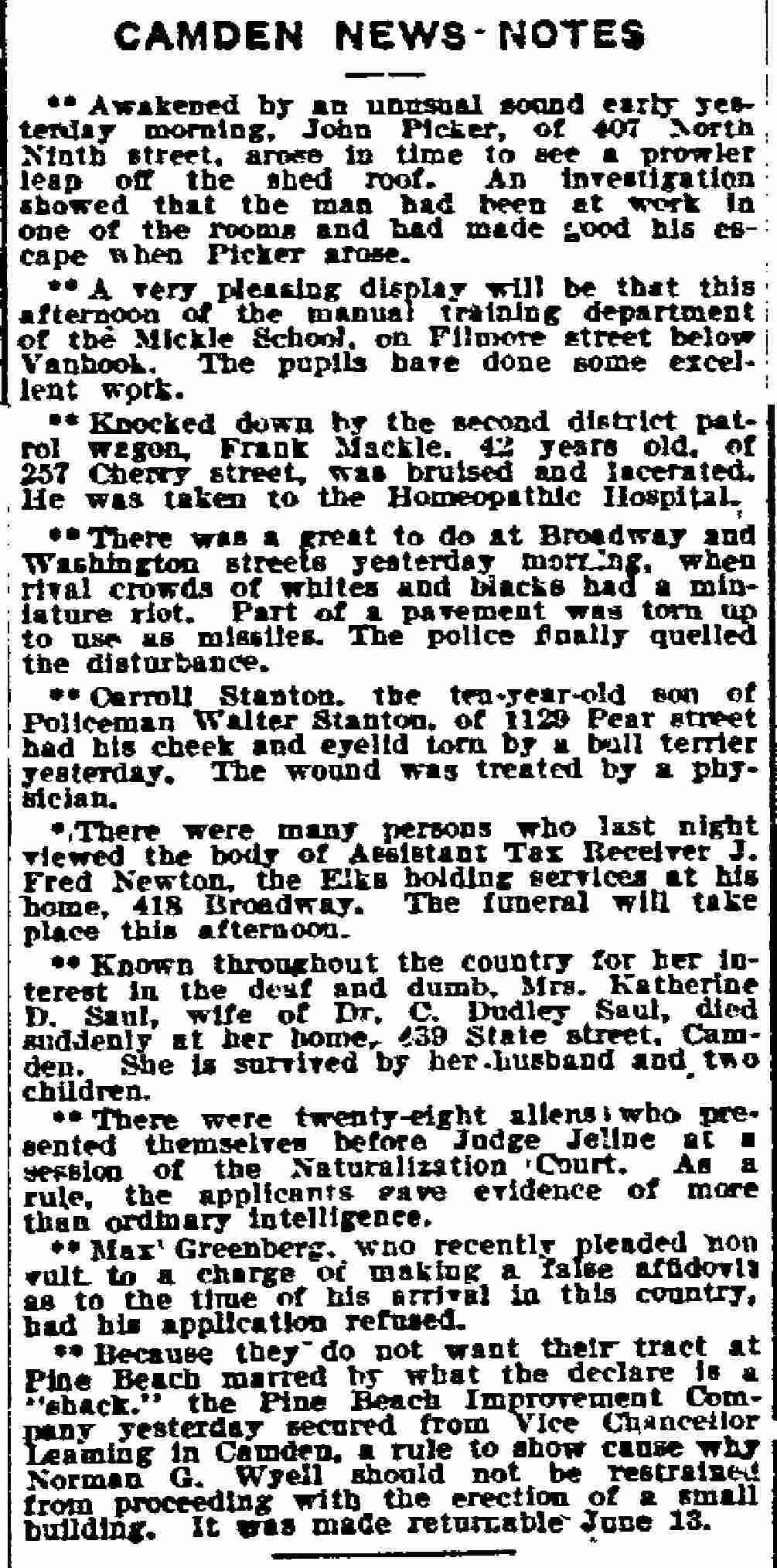 Philadelphia Inquirer, June 10, 1910 — Camden News-Notes