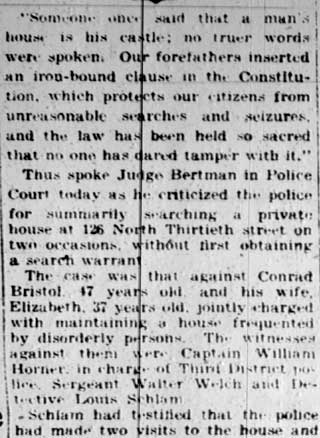 Newspaper article: Bertman Criticizes Raid Minus Warrant, February 21, 1928, part 1
