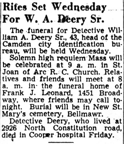 Funeral notice for Detective William A. Deery Sr., Camden Courier-Post, January 2, 1951