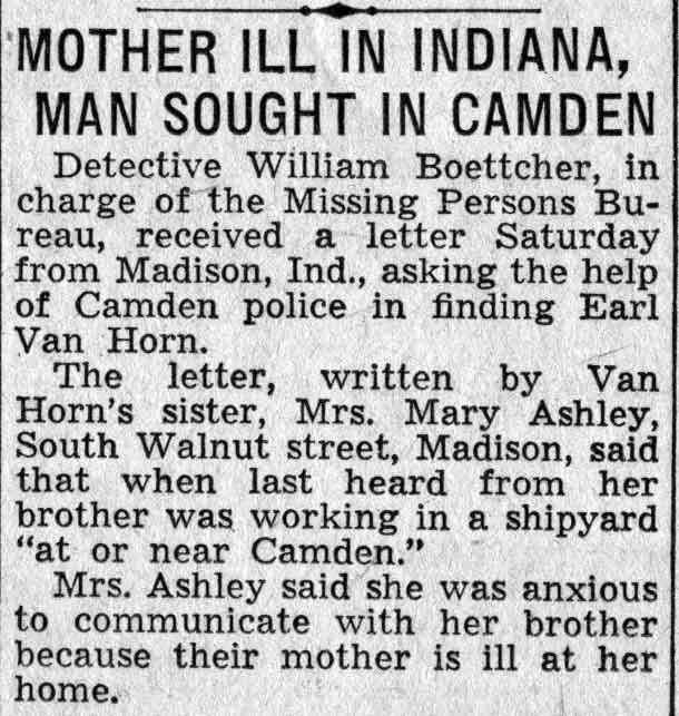 Camden Courier-Post, February 21, 1938 — Mother Ill in Indiana, Man Sought in Camden