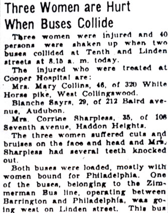 Three Women are Hurt When Buses Collide, Camden Courier-Post, December 13, 1930