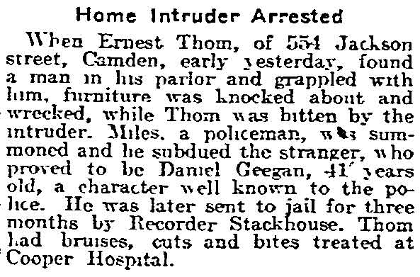 1917 Philadelphia Inquirer article: Home Intruder Arrested at 554 Jackson Street, Ernest Thom