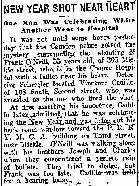 Philadelphia Inquirer, January 2, 1912 — New Year Shot Near Heart