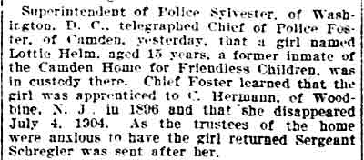 Philadelphia Inquirer February 12, 1905 — Lottie Helm found