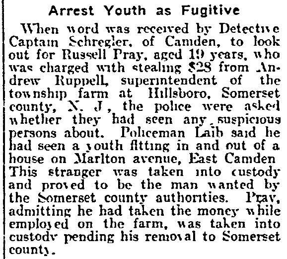 Philadelphia Inquirer, March 21, 1915 — Arrest Youth as Fugitive