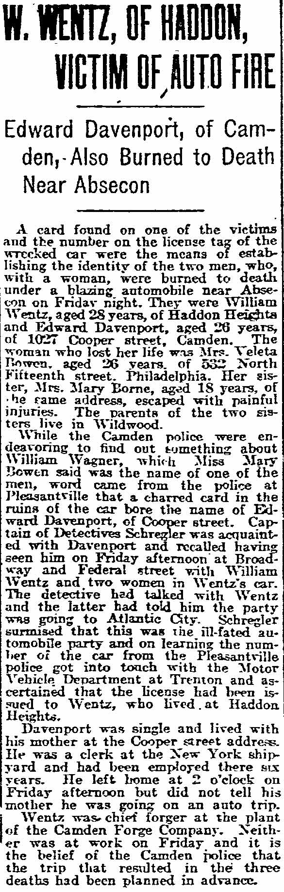 Philadelphia Inquirer, May 15, 1918 — W. Wentz, of Haddon, Victim of Auto Fire