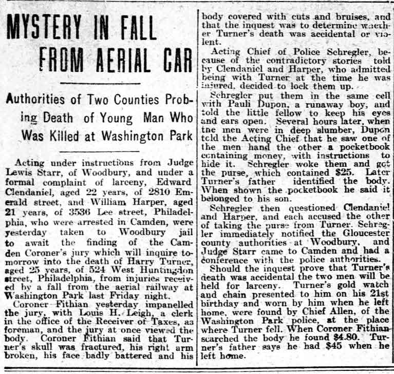 Philadelphia Inquirer, July 7, 1907 — Mystery in Fall from Aerial Car