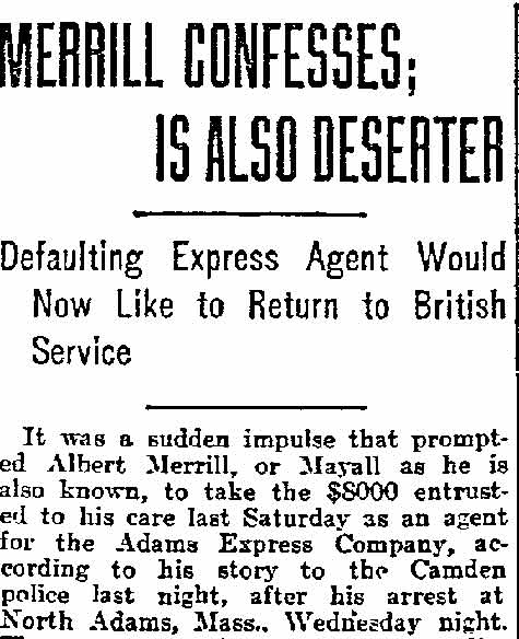 Philadelphia Inquirer, August 20, 1915 — Merrill Confesses; Is Also Deserter, page 1