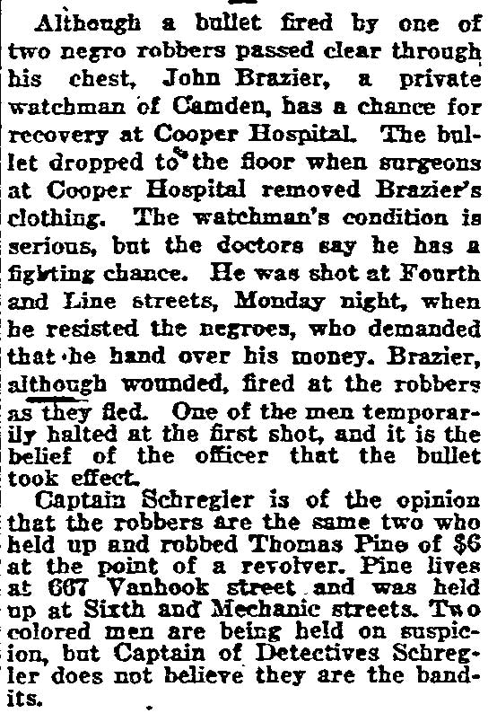 Philadelphia Inquirer, November 9, 1921 — Watchman Shot, Robbers Sought