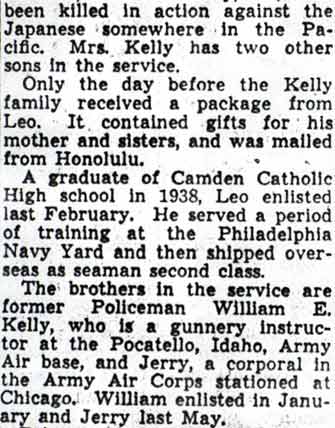 Camden Courier-Post, December 1942 — Leo J. Kelly killed in action (part 2)