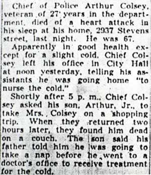 Chief Colsey Dies at 67 of Heart Attack - Camden Courier-Post, September 16, 1939