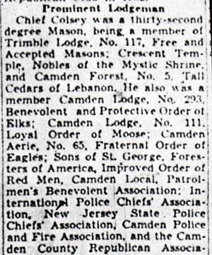 Chief Colsey Dies at 67 of Heart Attack - Camden Courier-Post, September 16, 1939