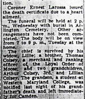 Chief Colsey Dies at 67 of Heart Attack - Camden Courier-Post, September 16, 1939