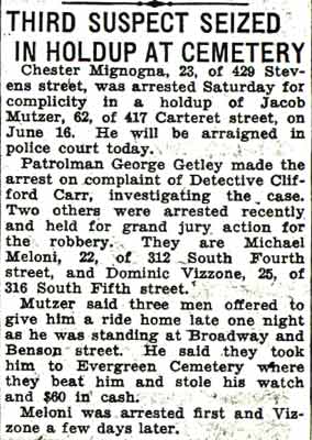 Newspaper clipping: Third Suspect Seized in Holdup at Cemetery, August 10, 1936