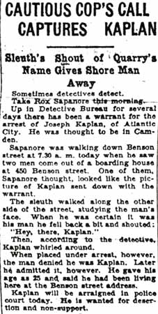 Cautious Cop's Call Captures Kaplan, Camden Courier-Post, September 13, 1928