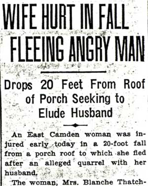 Newspaper clipping: Wife Hurt in Fall Fleeing Angry Man — Camden Courier-Post August 4, 1936