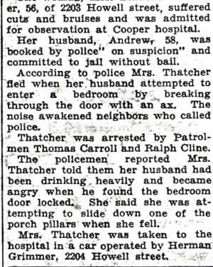 Newspaper clipping continued: Wife Hurt in Fall Fleeing Angry Man — Camden Courier-Post August 4, 1936