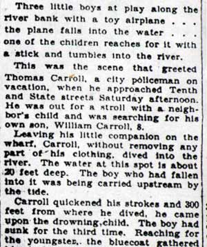 Camden Courier-Post article: Cop Rescues Boy, 7, Drowning in River — September 17, 1928
