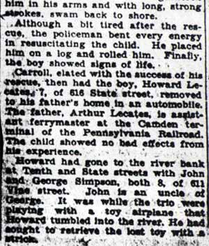 Camden Courier-Post article continuation: Cop Rescues Boy, 7, Drowning in River — September 17, 1928
