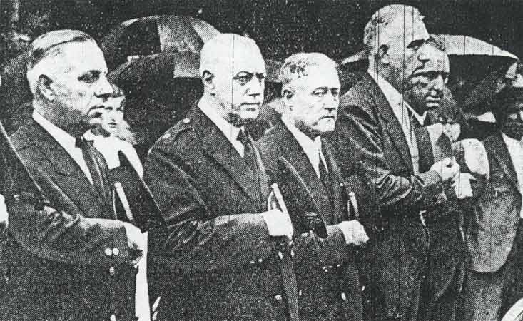 Photograph taken at the funeral of Detective William Feitz, September 1934. Left to right: Lt. Herbert Anderson, Chief of Police Arthur Colsey, Lt. Ralph Bakley, E. Howard Broome, Lt. George Ward.