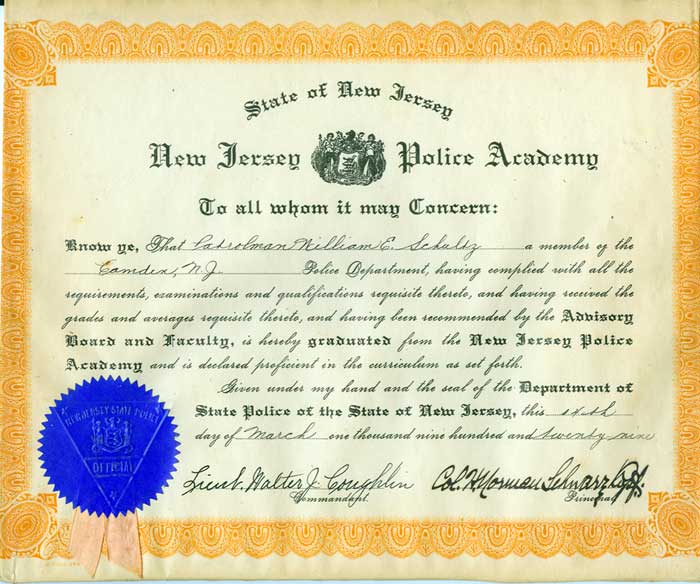 William E. Schultz diploma from New Jersey State Police Academy, signed by Col. Norman Schwarzkopf