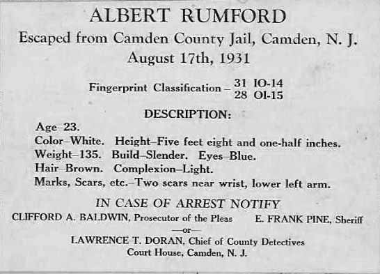 Wanted Poster for Albert Rumford — August 1931 (reverse)