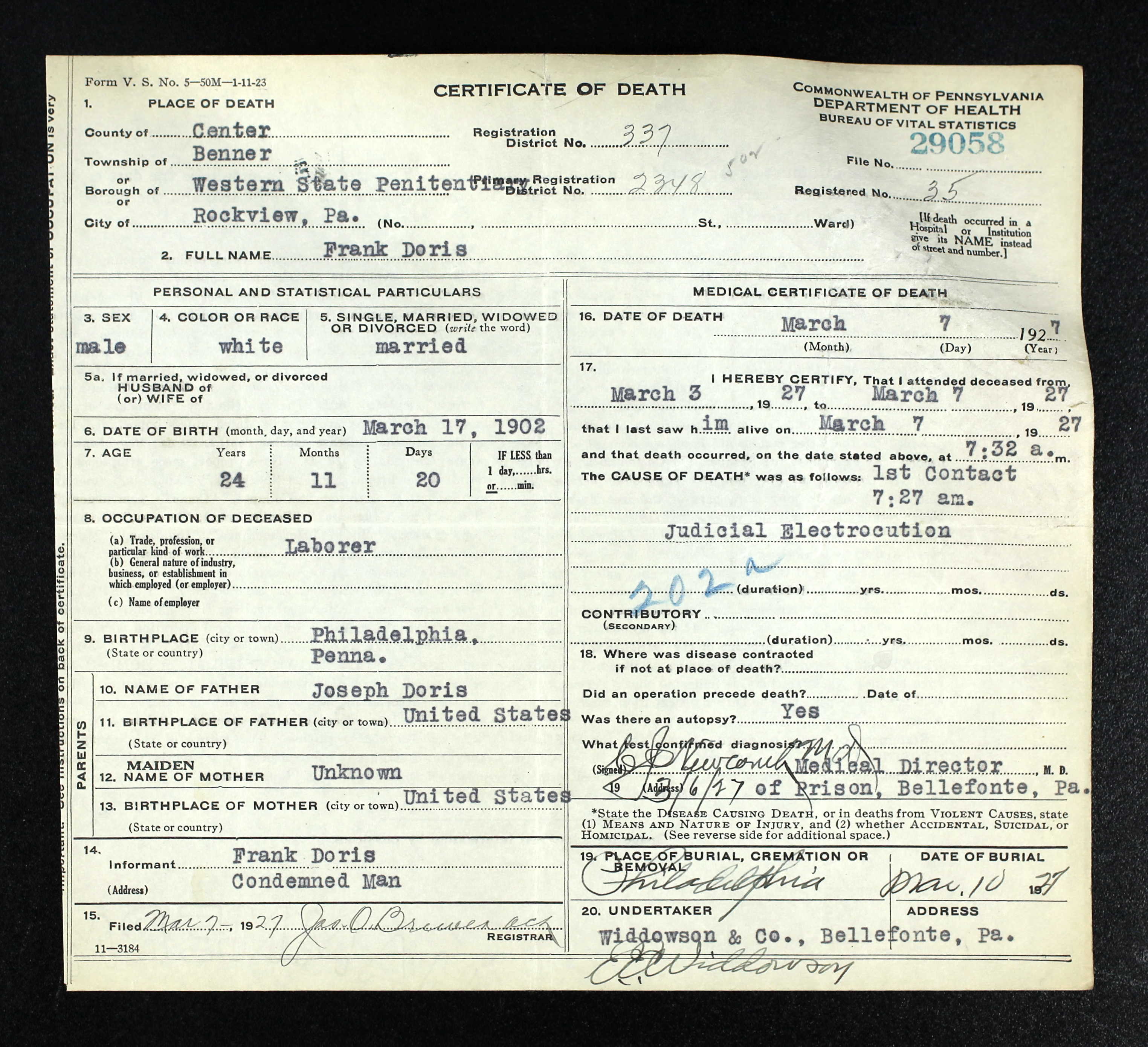 Frank Doris death certificate