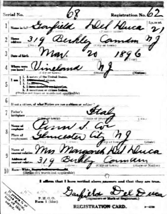 Garfield Del Duca WWI draft registration card, front