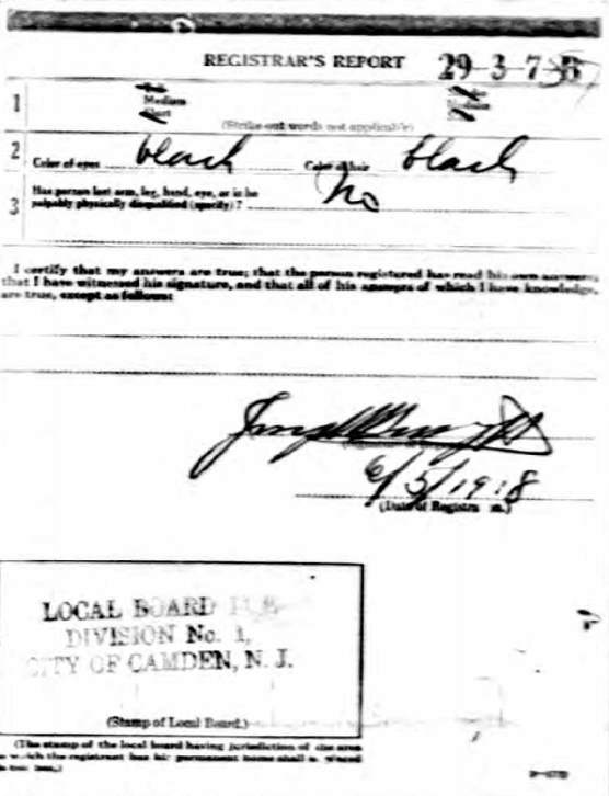 Garfield Del Duca WWI draft registration card, registrar's report
