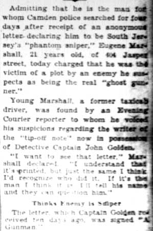 Suspected Sniper article, February 13, 1928