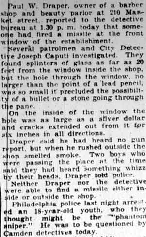Camden Courier-Post, February 22, 1928 — Sniper's Shot Hits Market Street Window, left column