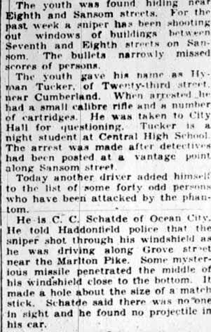 Camden Courier-Post, February 22, 1928 — Sniper's Shot Hits Market Street Window, right column