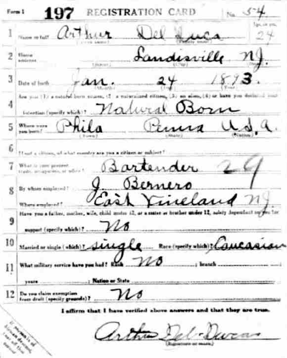 World War I Draft Card for Arthur Del Duca, front