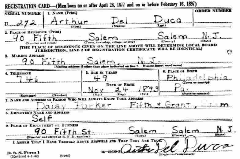 World War II Draft Card for Arthur Del Duca