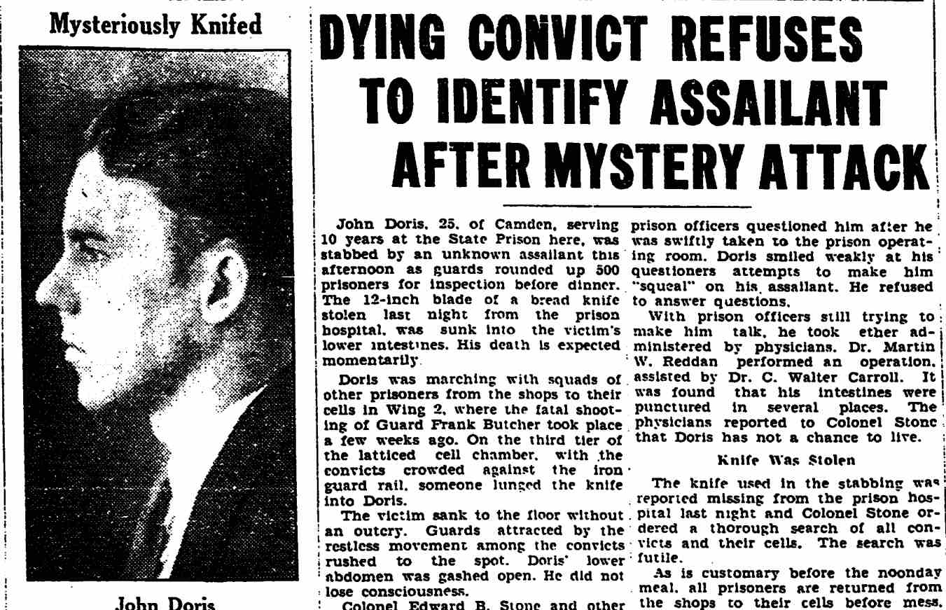 Trenton Evening Times, April 10, 1930 — Dying Convict Refuses to Identify Assailant After Mystery Attack