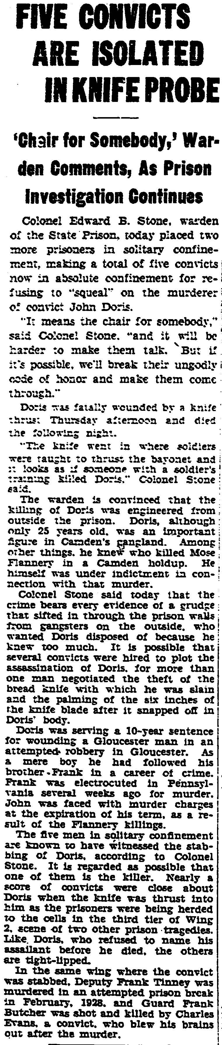 Trenton Evening Times, April 14, 1930 — Five Convicts Are Isolated in Knife Probe